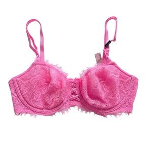 New Victoria's Secret Neon Bright Pink Lace Dream Angels Bra Size 32D